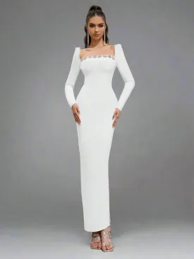 Crystal Embellish  Neck Dress_White