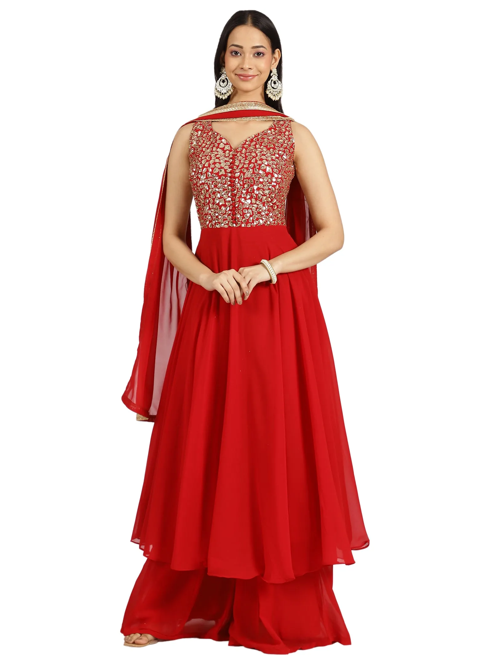 Embellished Red Georgette Palazzo Suit Set