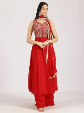 Embellished Red Georgette Palazzo Suit Set