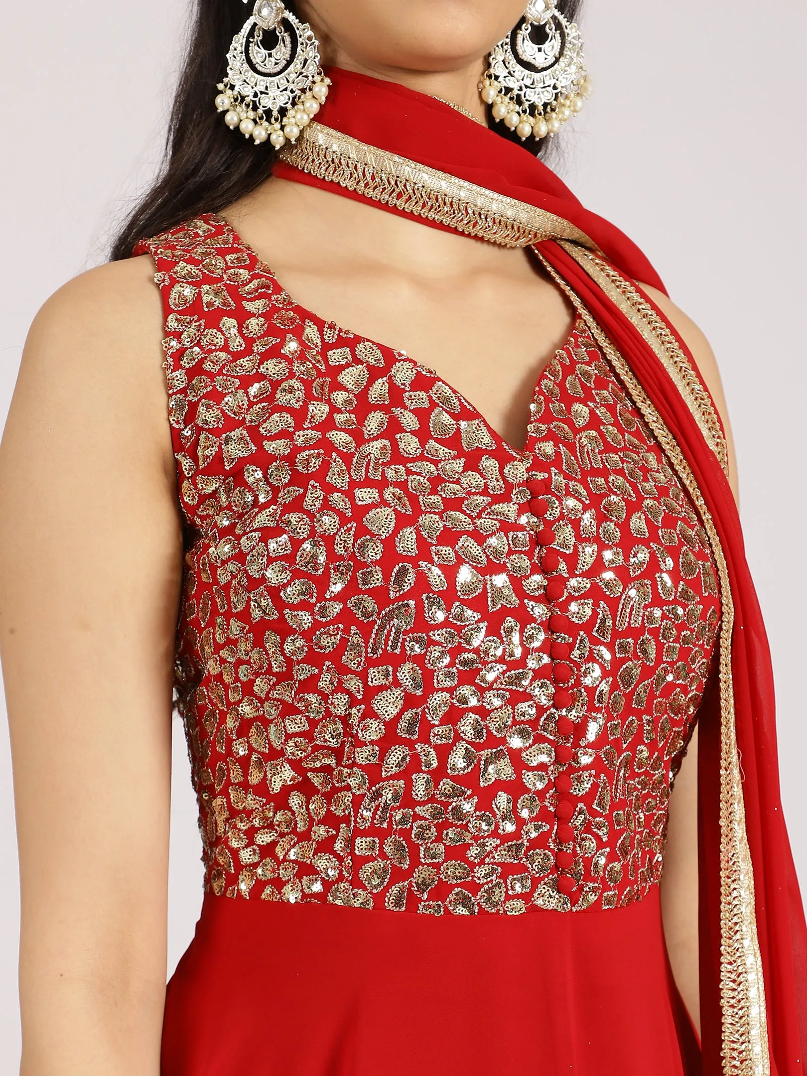 Embellished Red Georgette Palazzo Suit Set
