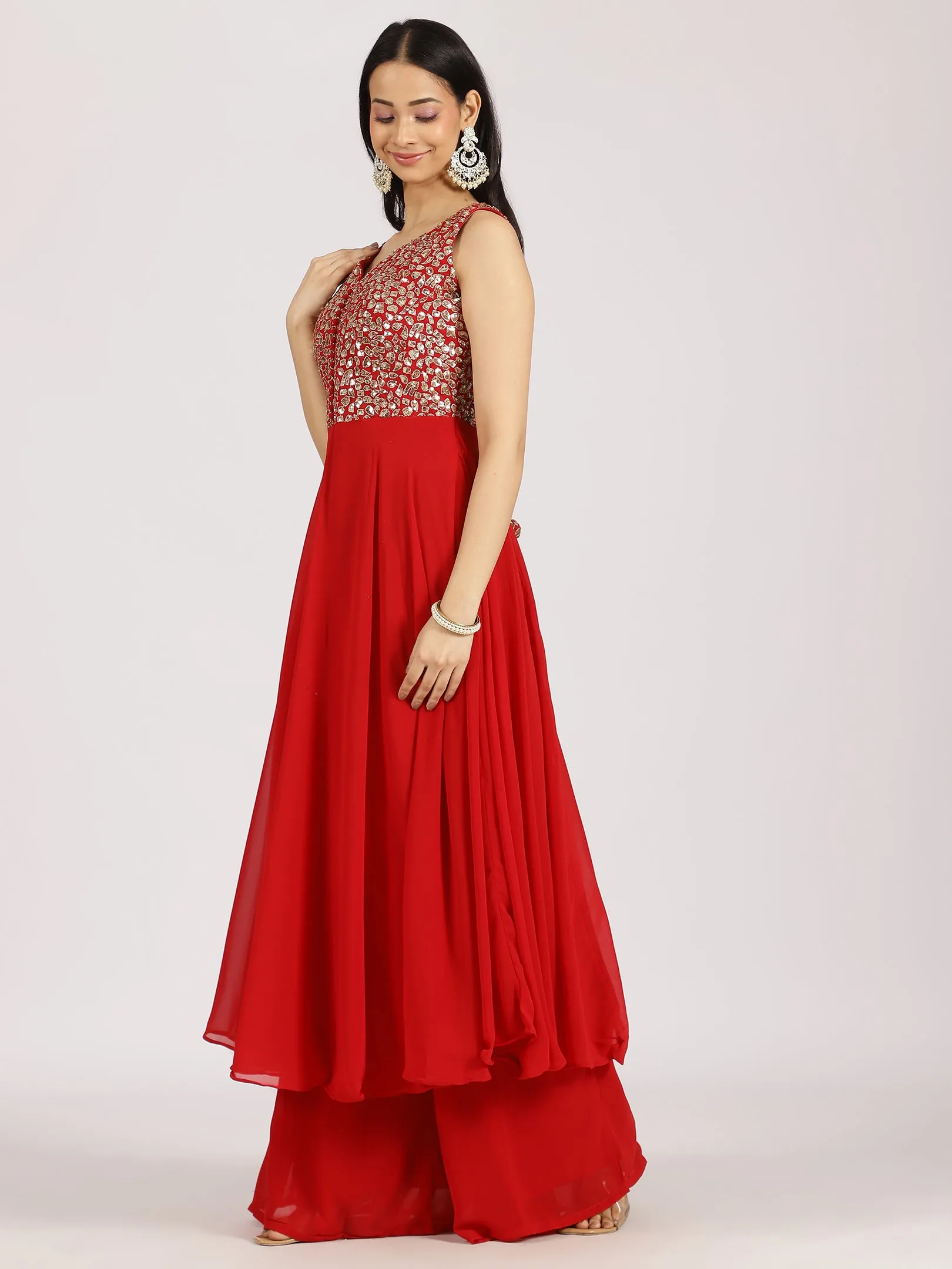 Embellished Red Georgette Palazzo Suit Set
