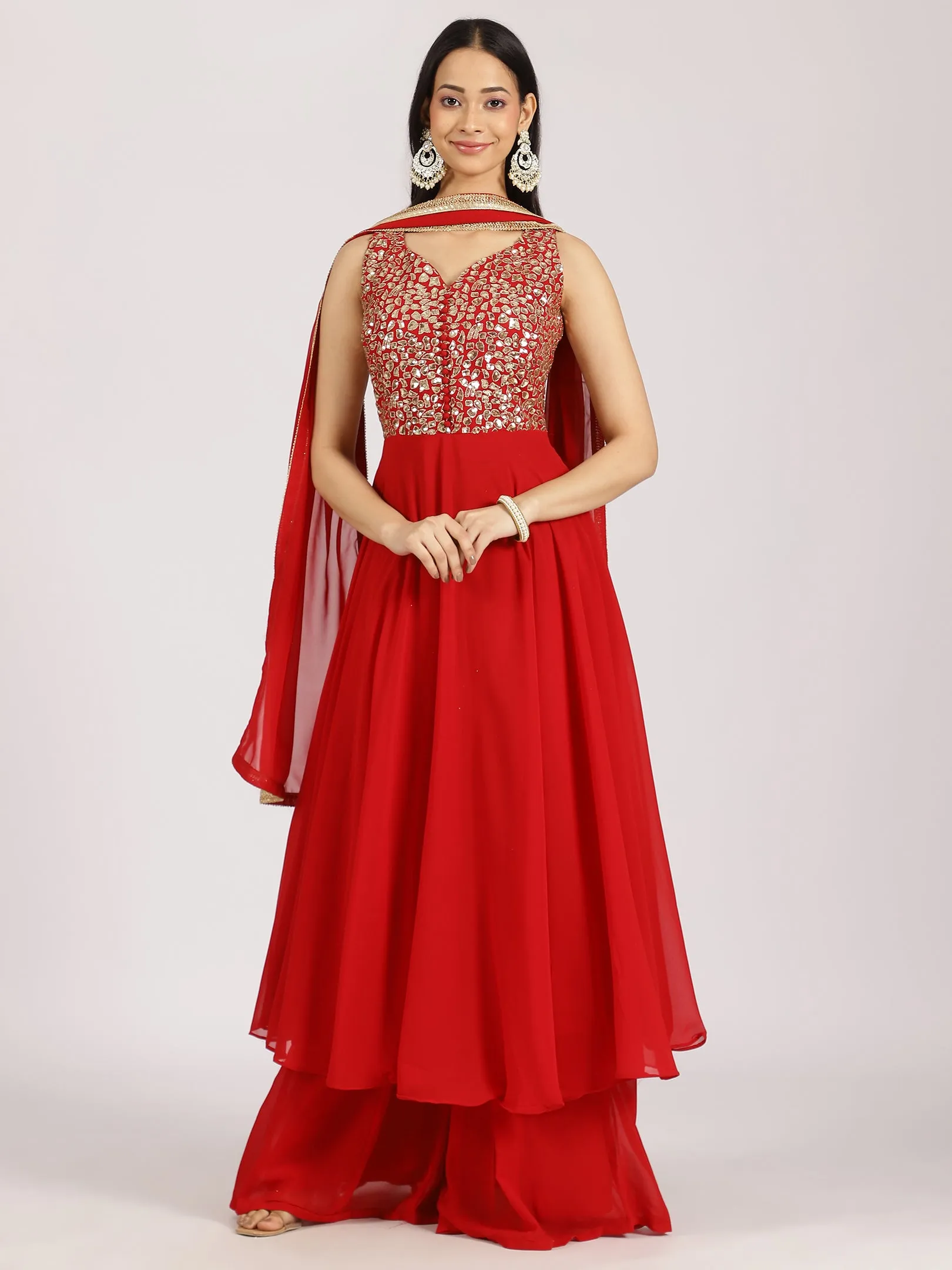 Embellished Red Georgette Palazzo Suit Set