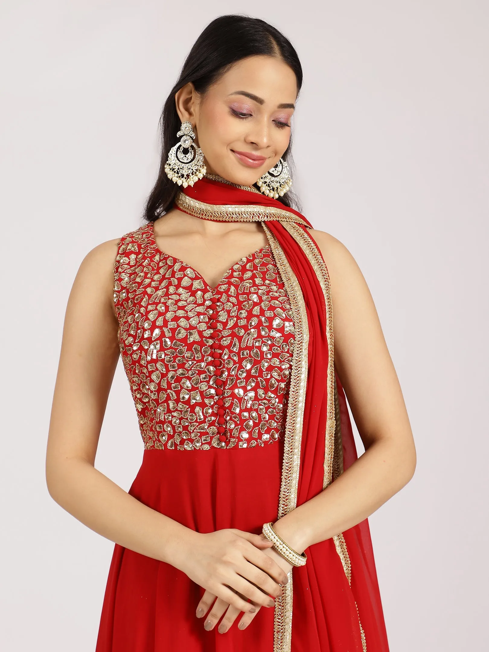 Embellished Red Georgette Palazzo Suit Set
