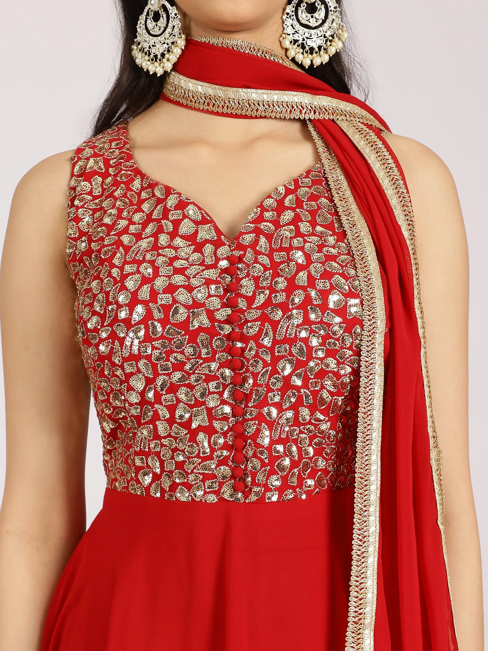 Embellished Red Georgette Palazzo Suit Set
