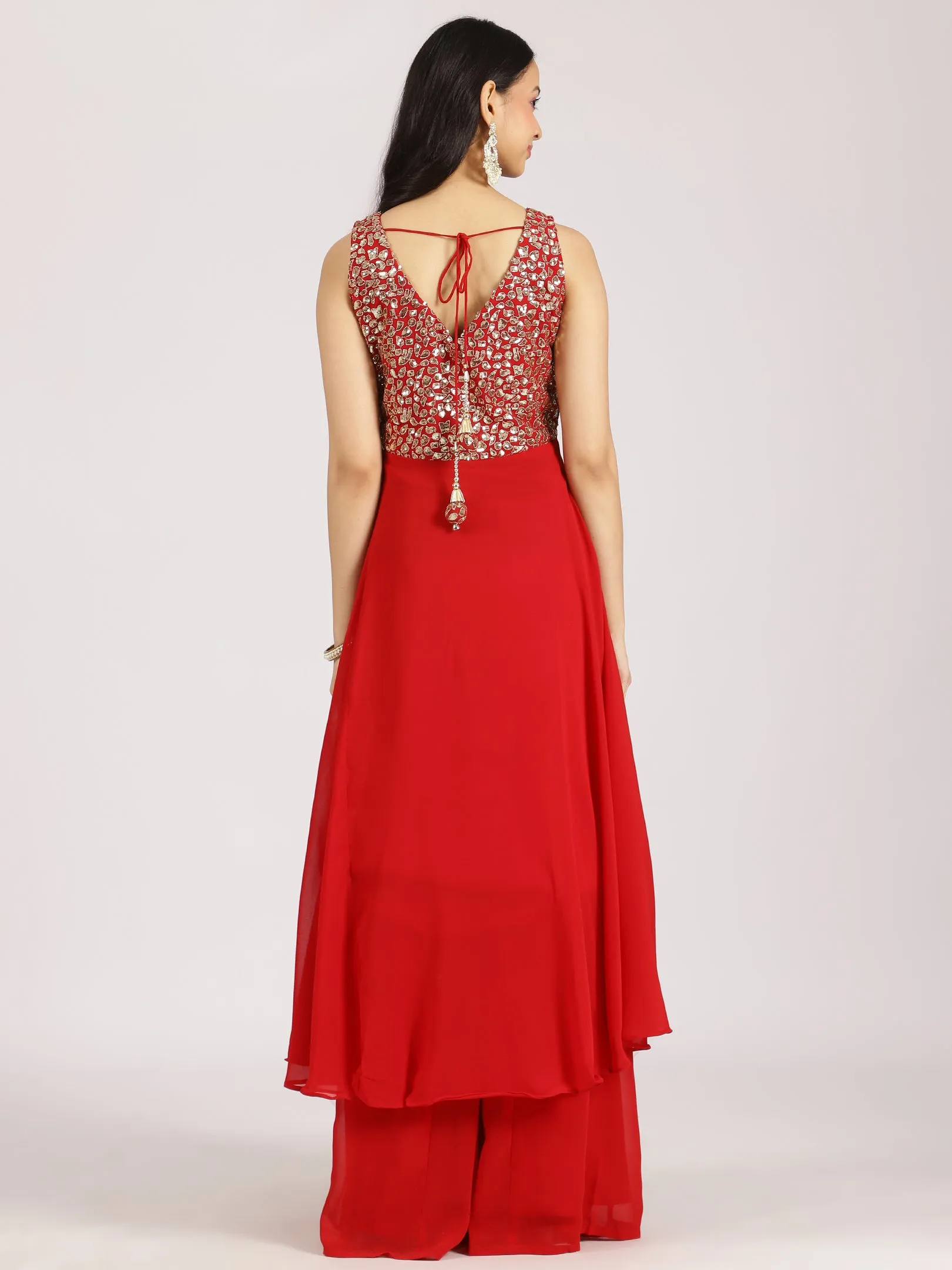Embellished Red Georgette Palazzo Suit Set