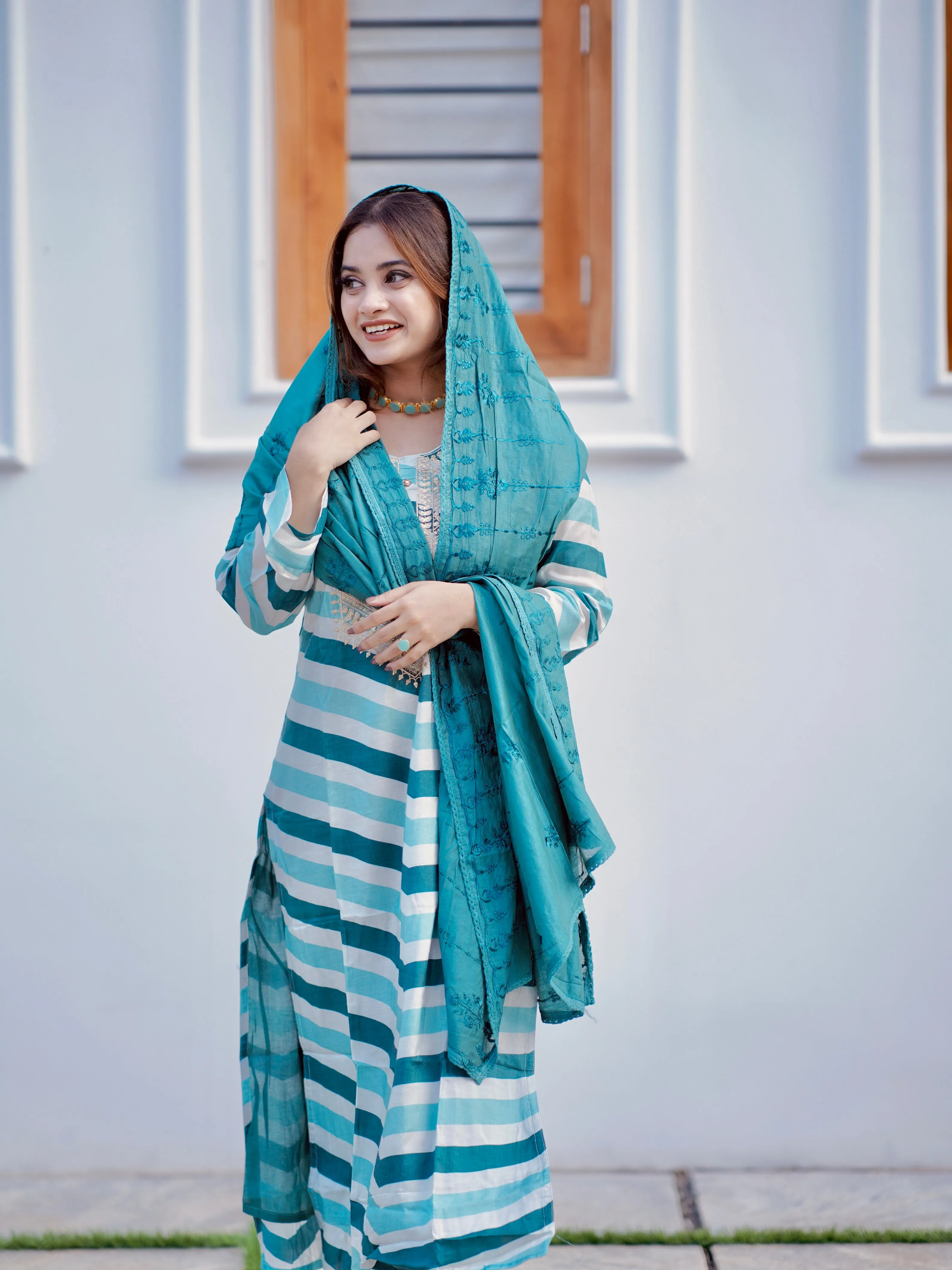 Green and White Stripes Ethnic Salwar with Palazzos and Dupatta (GBTWSH1002)