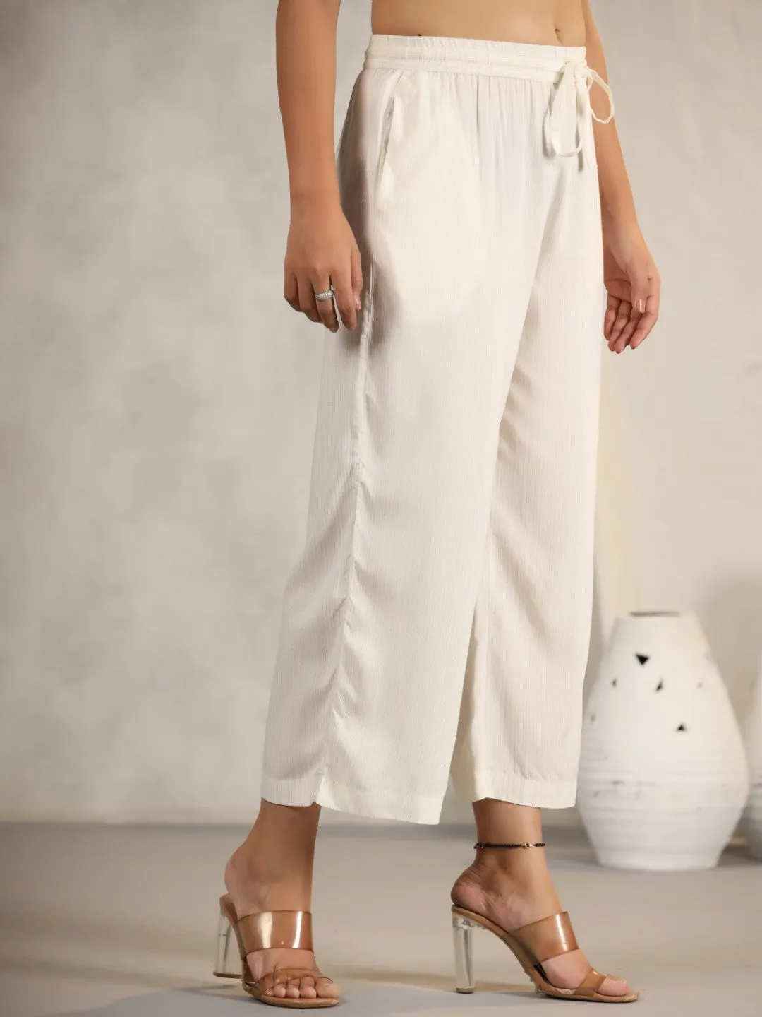 Jashvi Ivory Stripped Modal Rayon Women Pants With Single Side Pockets & Drawstring