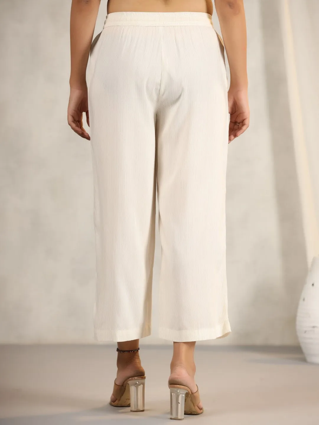 Jashvi Ivory Stripped Modal Rayon Women Pants With Single Side Pockets & Drawstring