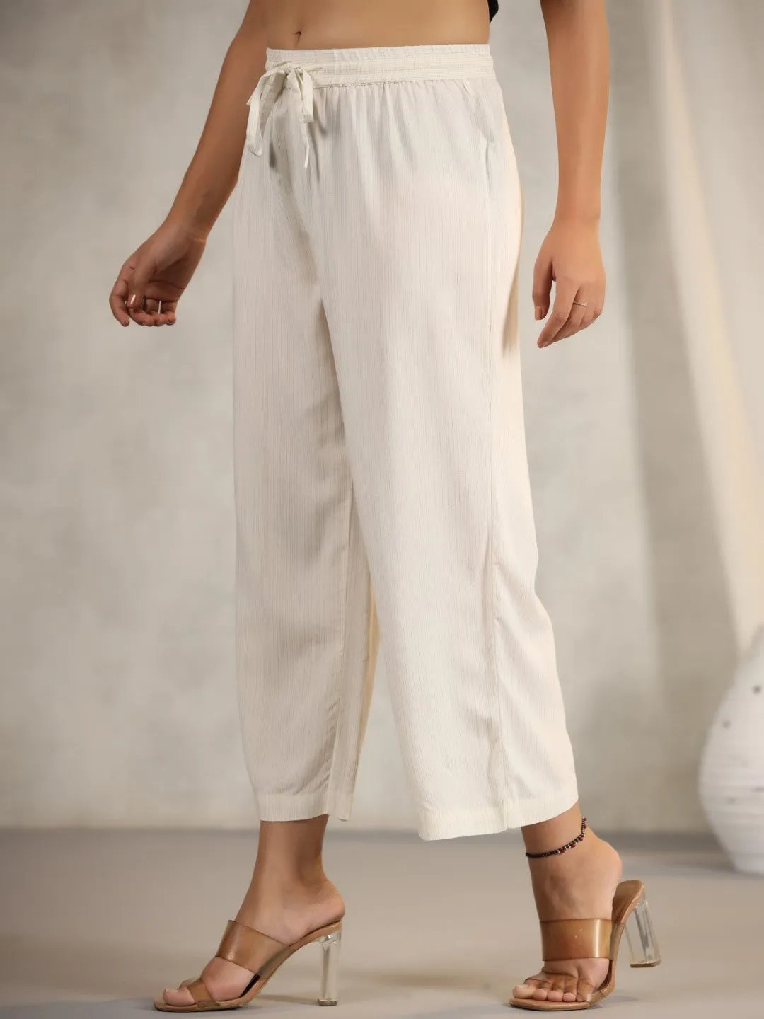 Jashvi Ivory Stripped Modal Rayon Women Pants With Single Side Pockets & Drawstring