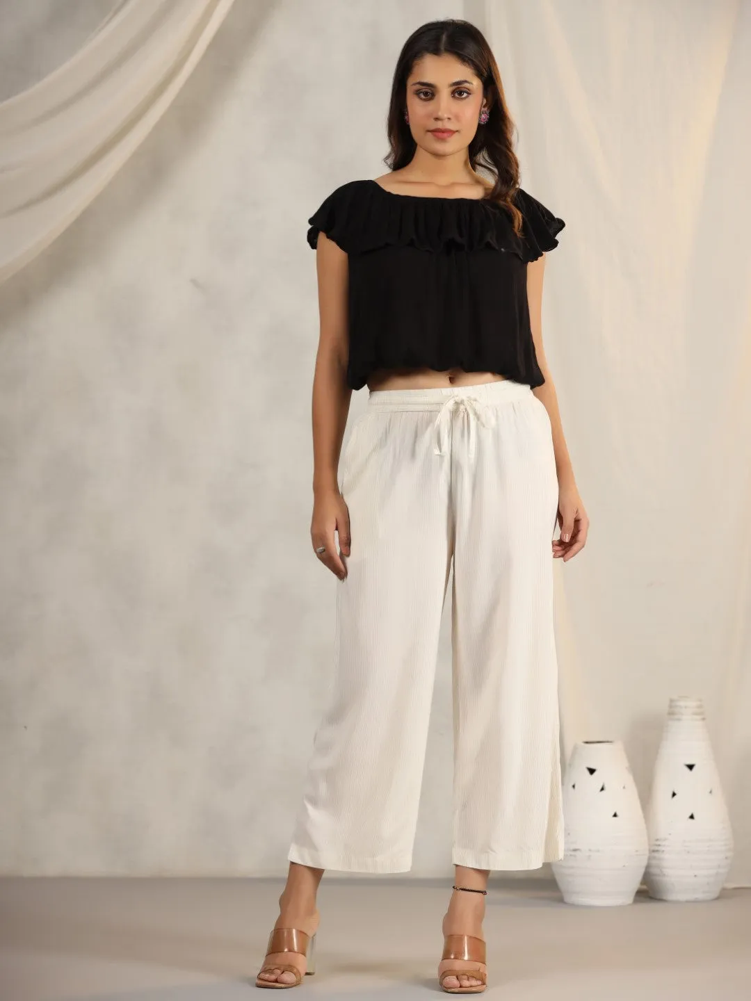 Jashvi Ivory Stripped Modal Rayon Women Pants With Single Side Pockets & Drawstring