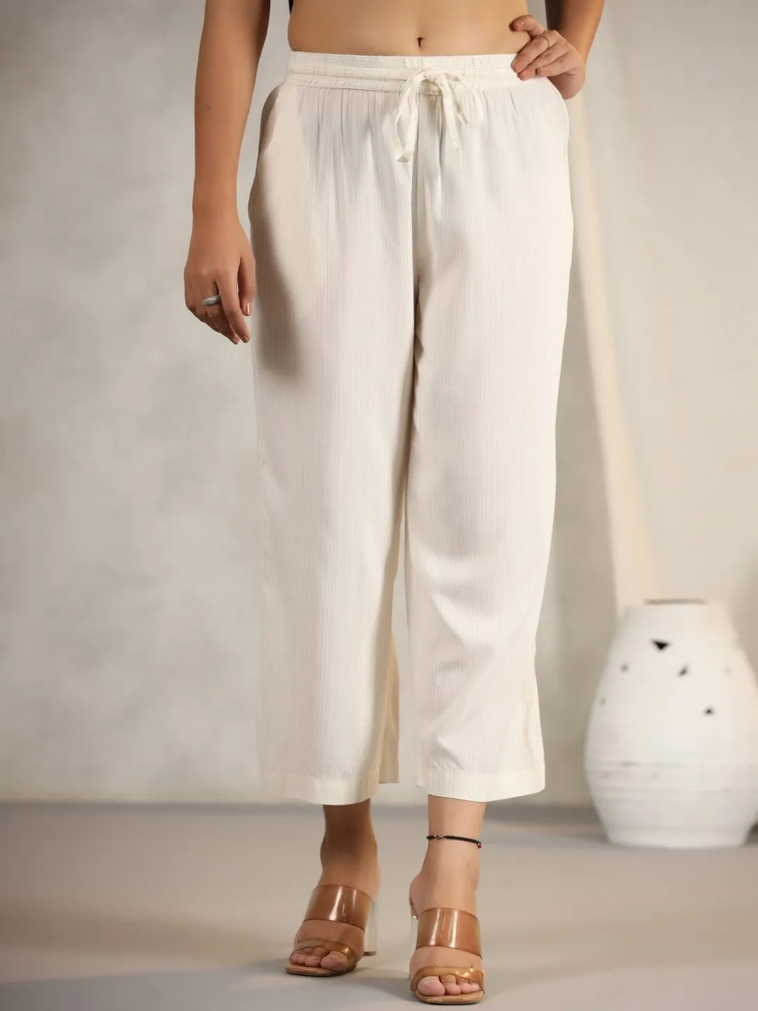 Jashvi Ivory Stripped Modal Rayon Women Pants With Single Side Pockets & Drawstring