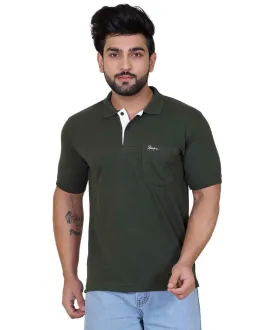 Men's Olive Half Sleeve Chest Logo Polo Neck T-Shirt