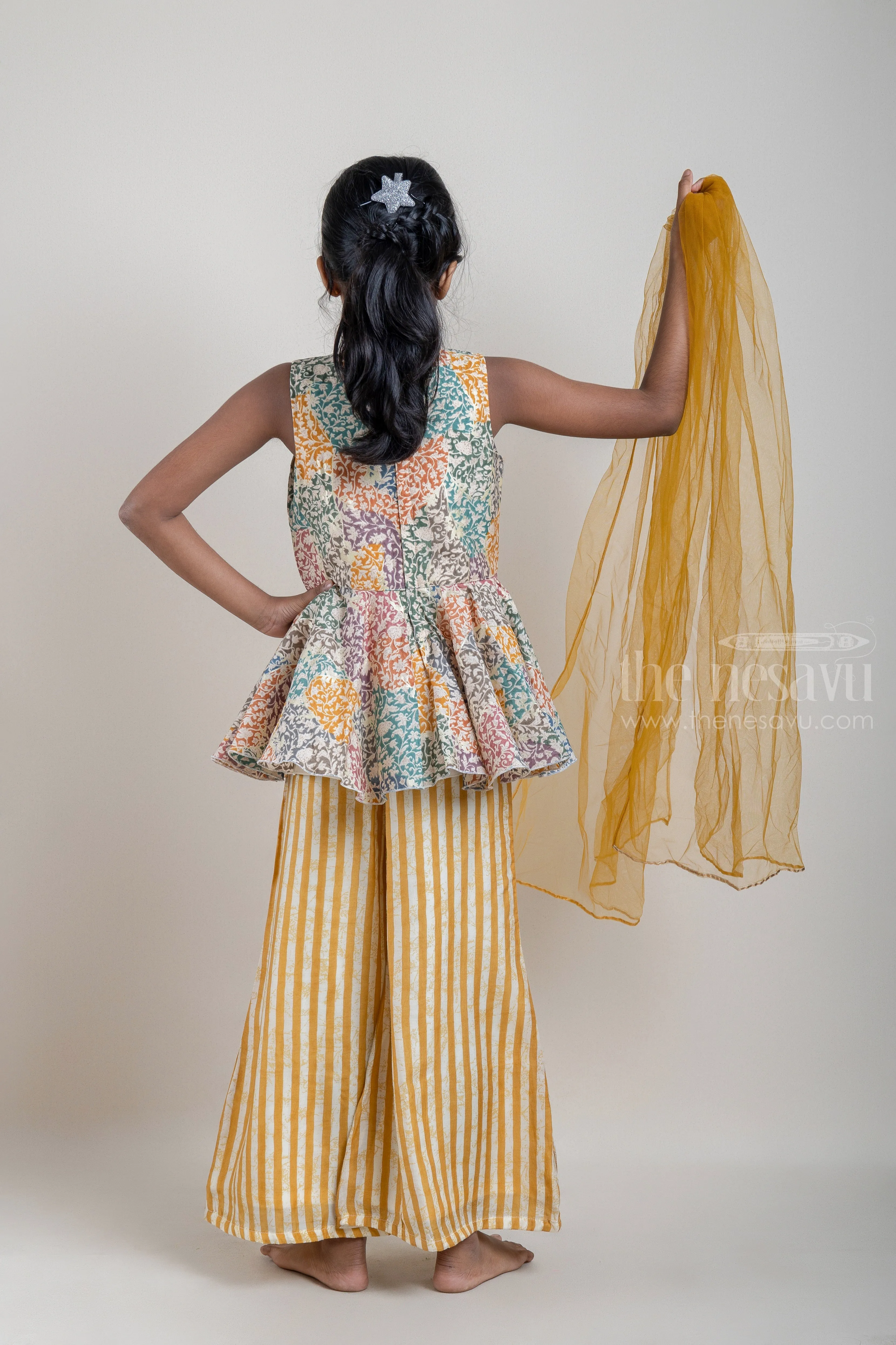 Multi-Colour Floral Printed Peplum Pattern Kurti with Yellow Striped Palazzo Pant for Girls