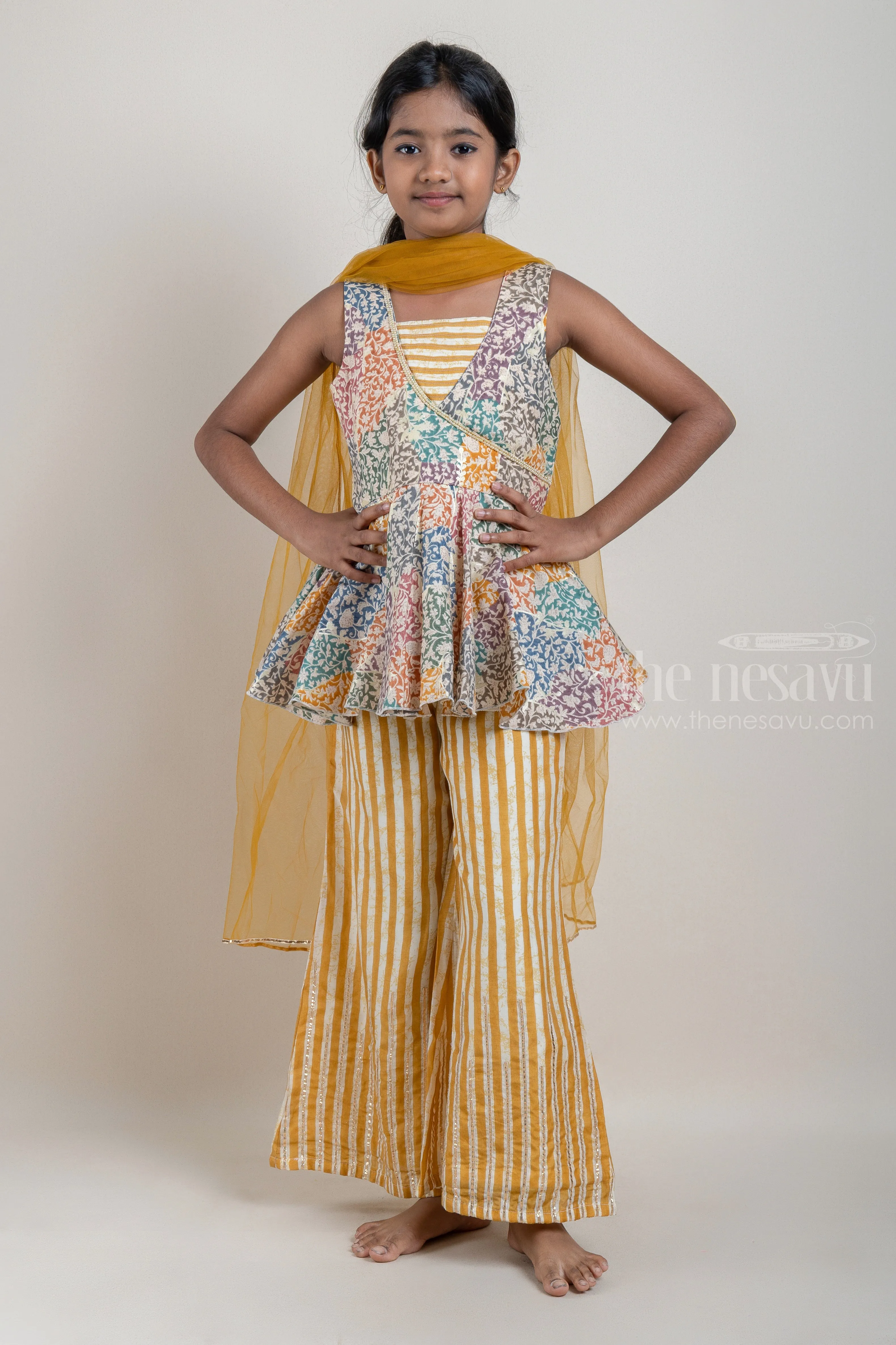 Multi-Colour Floral Printed Peplum Pattern Kurti with Yellow Striped Palazzo Pant for Girls