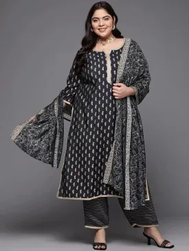 Plus Size Navy Blue Printed Silk Blend Straight Kurta With Palazzos & Dupatta