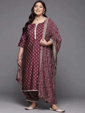 Plus Size Purple Printed Silk Blend Straight Kurta With Palazzos & Dupatta
