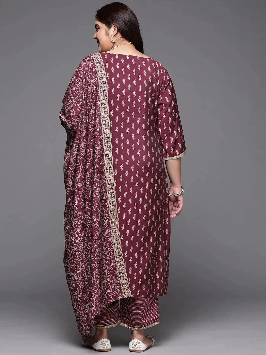 Plus Size Purple Printed Silk Blend Straight Kurta With Palazzos & Dupatta