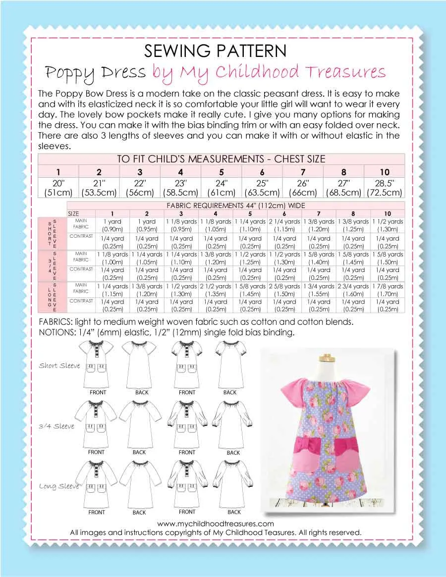 POPPY - Girls Peasant Dress Patterns - Short/Long Sleeve