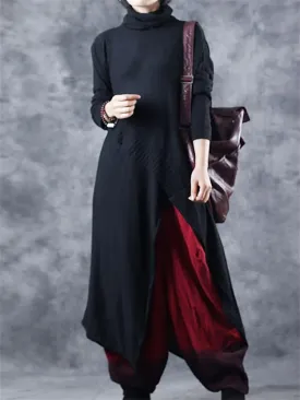 Retro Slit High Neck Women'S Casual Knitted Dress