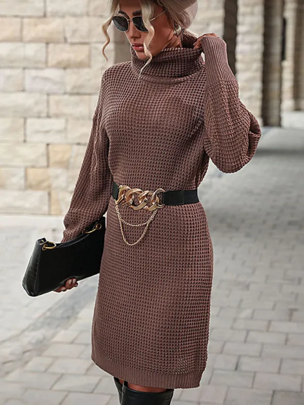 Turtleneck Lantern Sleeve Waffle Knit Sweater Dress