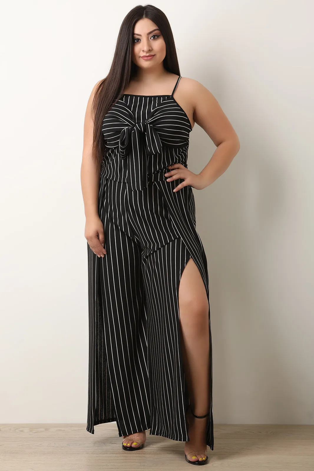 Two-Piece Pin Striped Crop Top With Tulip Slit Palazzo Pants Set